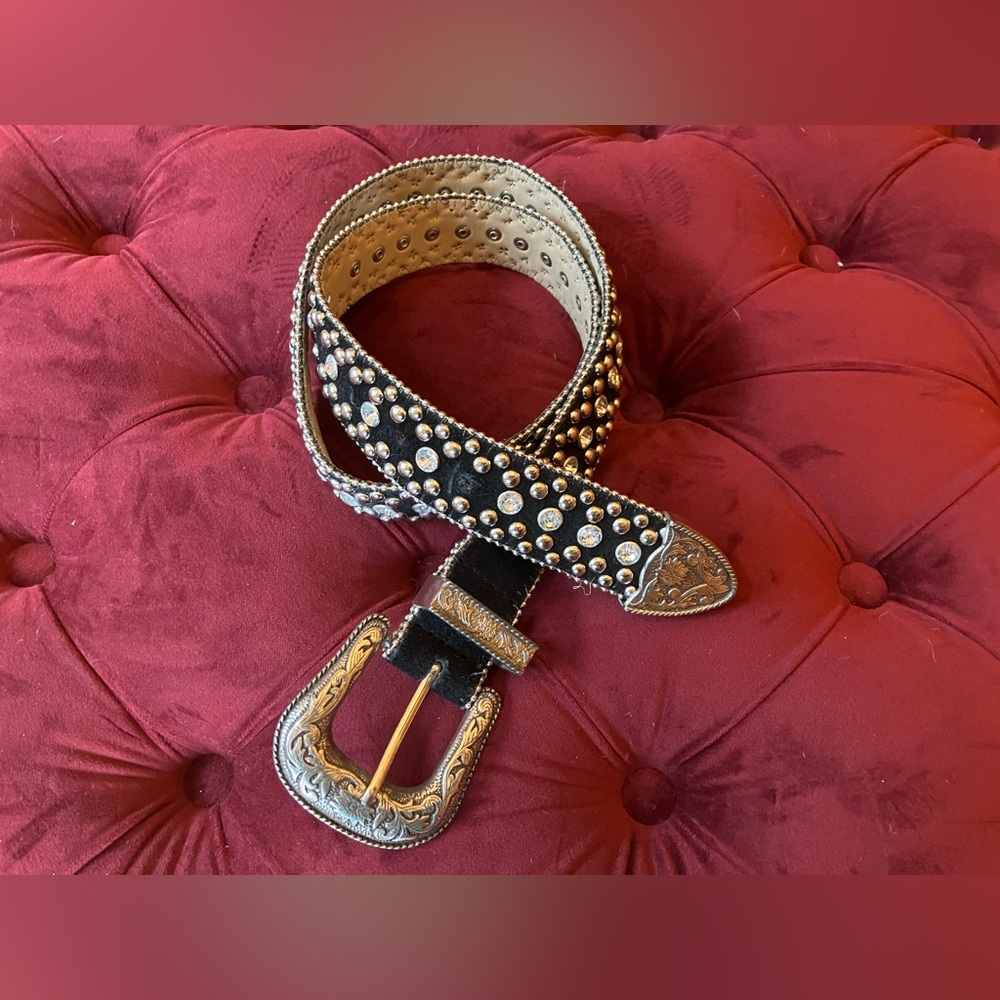 Studded Suede Black Belt with Silver Buckle